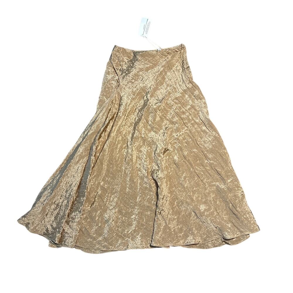 Vince Crinkled Metallic Khaki Gold Midi Skirt 8 A-Line Flared Japan Fabric NWT